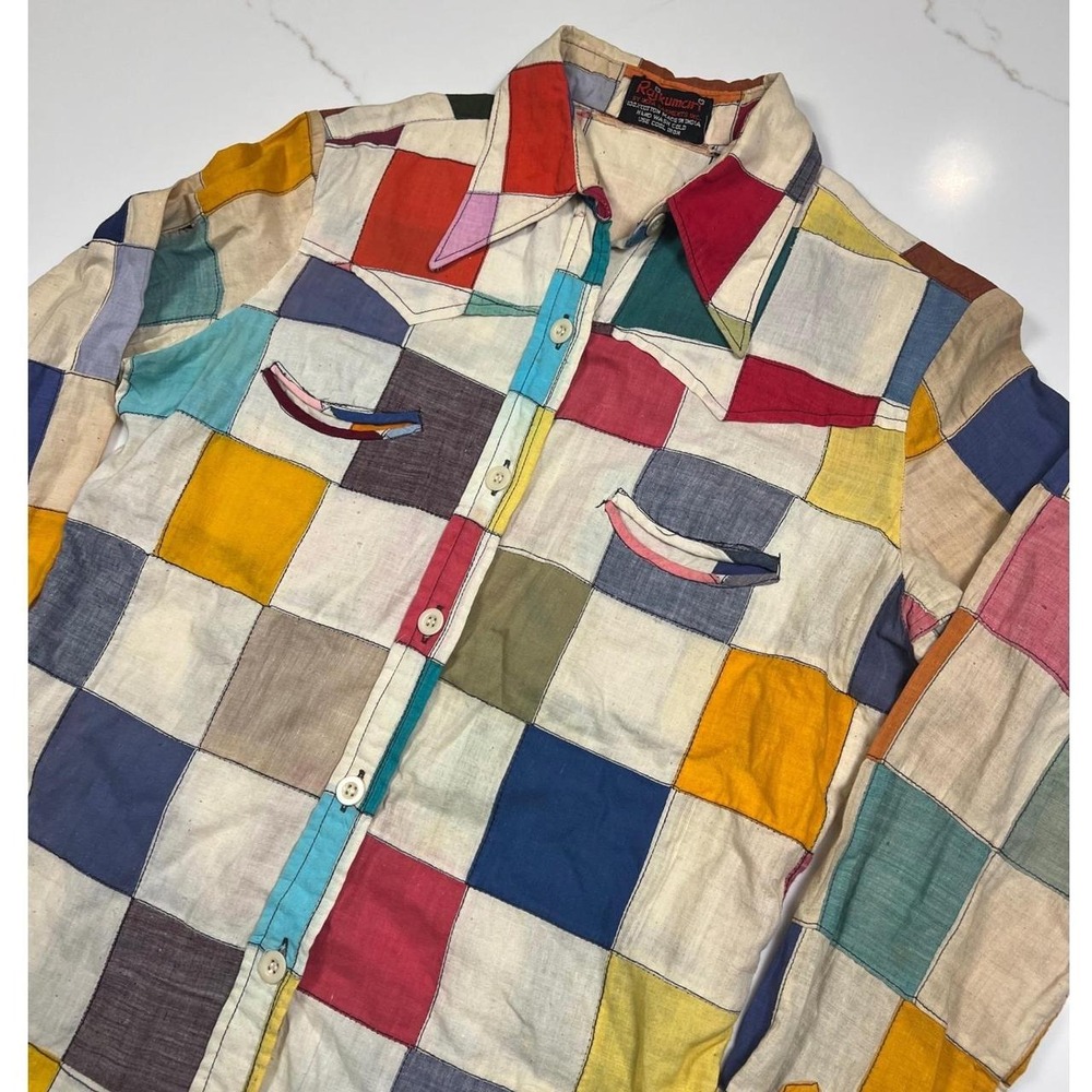 indian madres Patchwork Shirt Multi Color Cotton Vintage 60s 70s Distressed